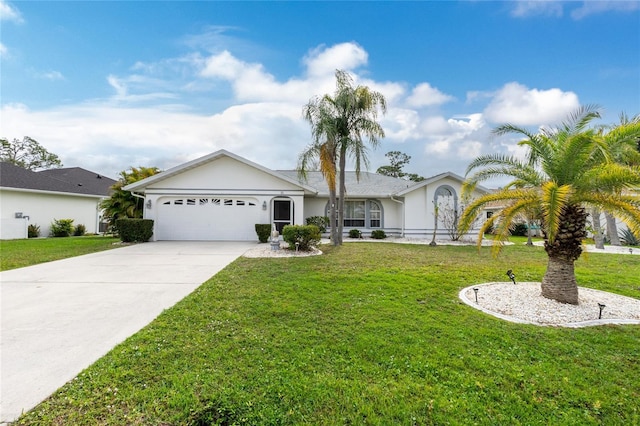 ranch-style home with an attached garage, stucco siding, driveway, and a front yard