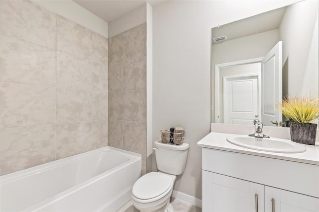 full bath with a tub to relax in, visible vents, toilet, vanity, and baseboards