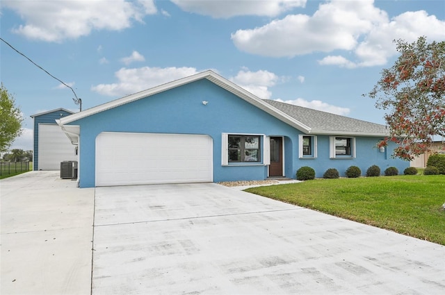 single story home featuring central air condition unit, an attached garage, a front lawn, and stucco siding