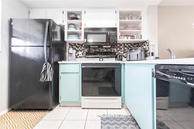 kitchen featuring light countertops, open shelves, black appliances, and white cabinetry