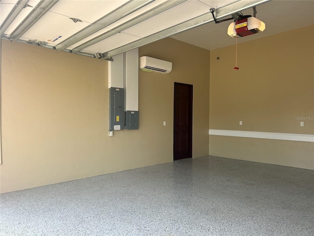 garage featuring a garage door opener, electric panel, and a wall mounted AC