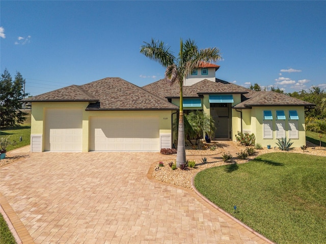 view of front of property with a front yard, decorative driveway, an attached garage, and stucco siding