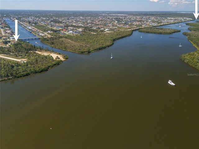 drone / aerial view featuring a water view