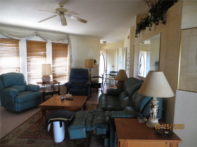 living room featuring a ceiling fan