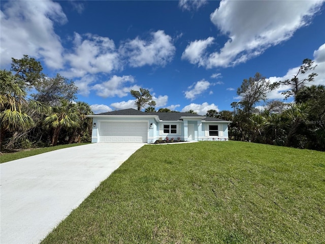 ranch-style house featuring a garage, driveway, a front lawn, and stucco siding