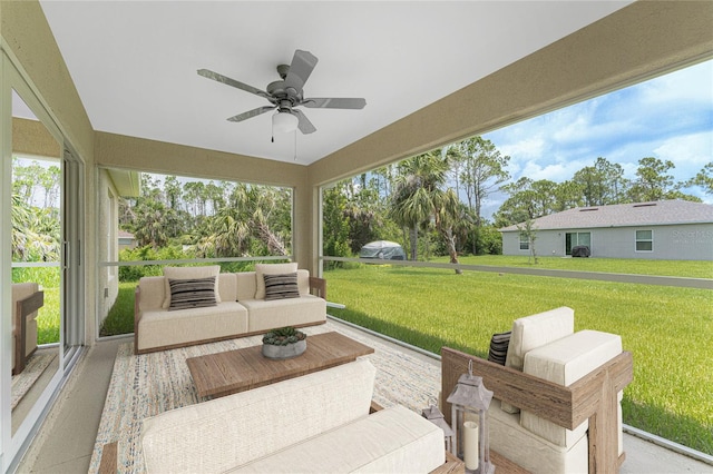 view of patio featuring ceiling fan and an outdoor living space