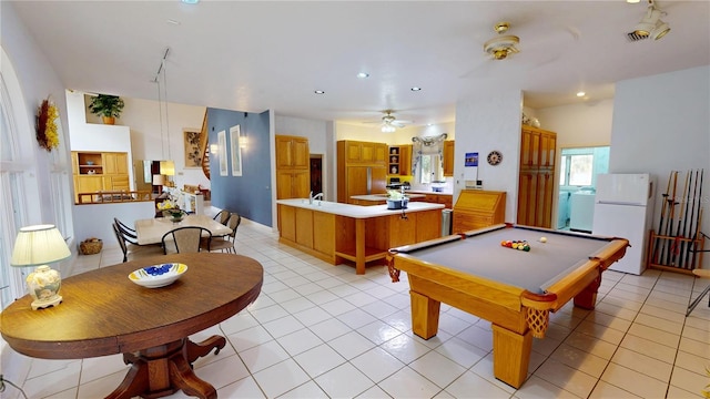 rec room with recessed lighting, light tile patterned flooring, ceiling fan, and billiards