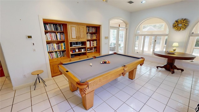 game room with visible vents, billiards, and light tile patterned floors