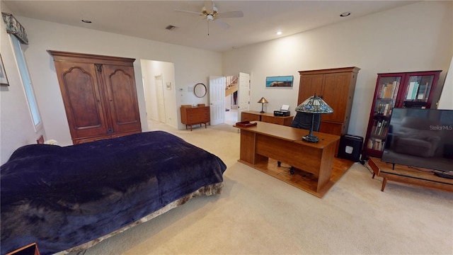 bedroom with ceiling fan, recessed lighting, visible vents, and light colored carpet