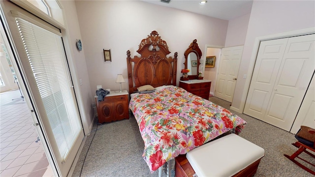 bedroom with access to outside, baseboards, a closet, and recessed lighting