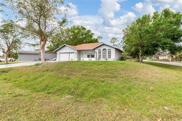 ranch-style house with stucco siding, driveway, an attached garage, and a front yard