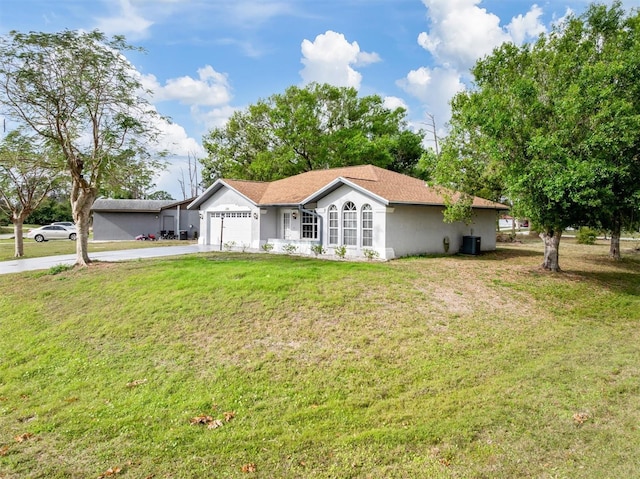 ranch-style house with a front lawn, a garage, driveway, and stucco siding