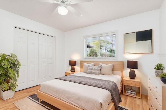 bedroom featuring light wood finished floors, ceiling fan, and a closet