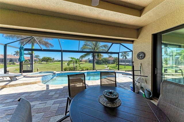 sunroom featuring a swimming pool