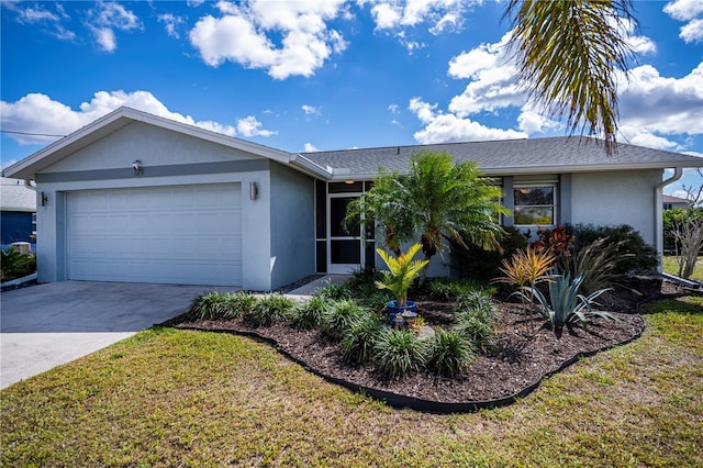 single story home featuring concrete driveway, a shingled roof, an attached garage, and stucco siding