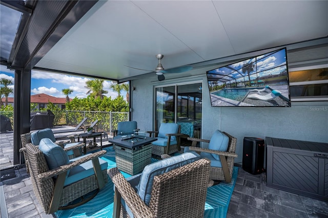 129 Barre Dr NW, Port Charlotte, FL 33952 - view of patio / terrace with a ceiling fan, a lanai, and a fire pit