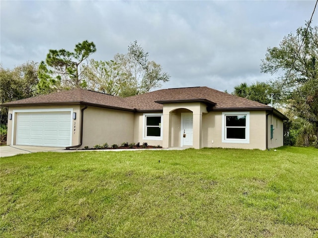 single story home featuring a garage, a shingled roof, driveway, stucco siding, and a front lawn