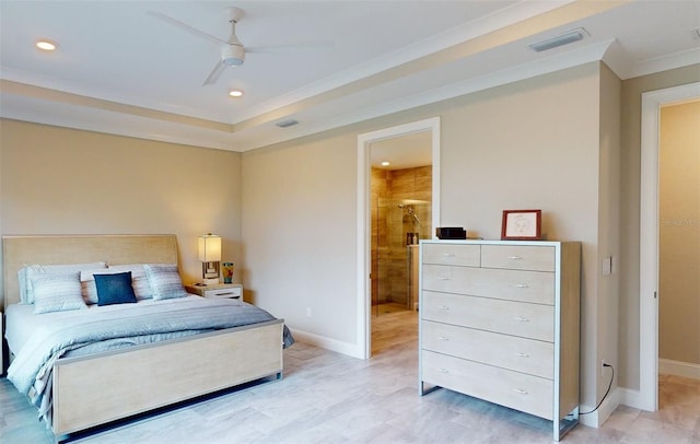 bedroom with baseboards, visible vents, and crown molding