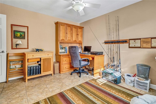 office featuring a ceiling fan and light tile patterned flooring