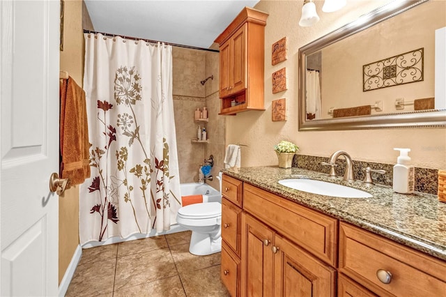 full bath featuring toilet, tile patterned flooring, shower / bath combination with curtain, and vanity