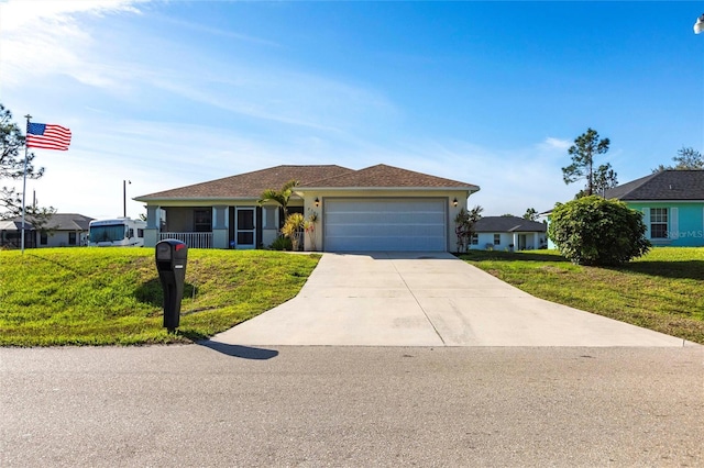 ranch-style house with an attached garage, driveway, a porch, and a front yard