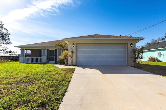 single story home with covered porch, driveway, a front yard, and stucco siding