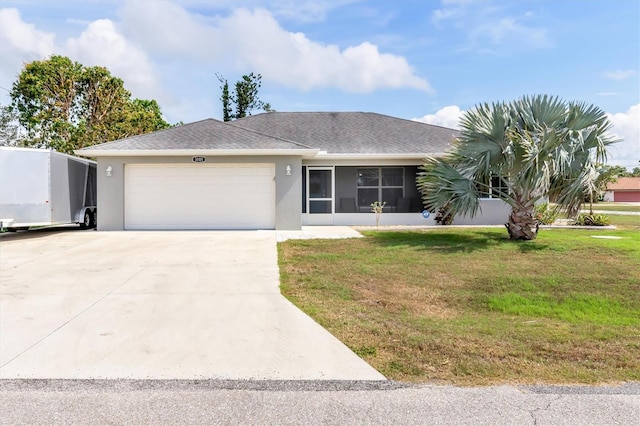 ranch-style house featuring an attached garage, a front lawn, concrete driveway, and stucco siding