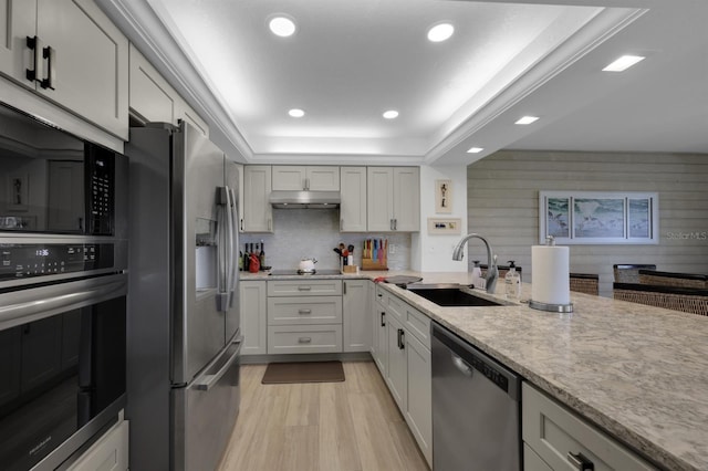 kitchen featuring a raised ceiling, appliances with stainless steel finishes, light wood-type flooring, under cabinet range hood, and a sink