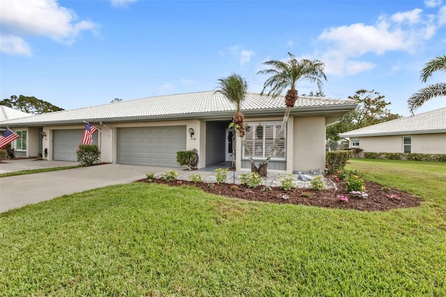 ranch-style home featuring a tile roof, stucco siding, a garage, driveway, and a front lawn