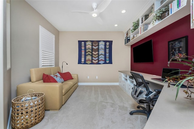 carpeted office with ceiling fan, baseboards, and recessed lighting