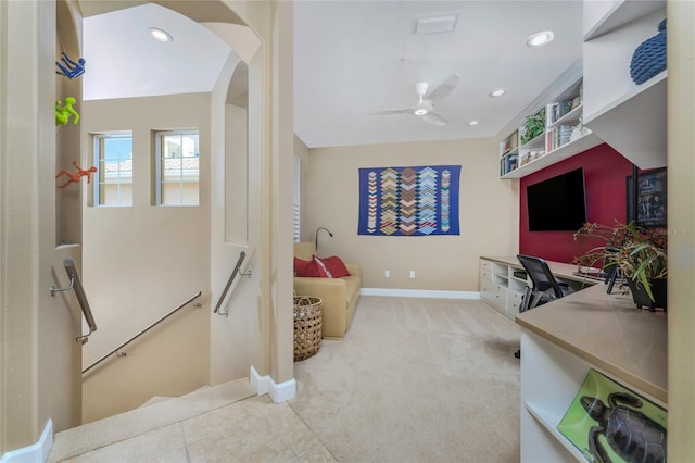 office area featuring arched walkways, ceiling fan, carpet, and recessed lighting