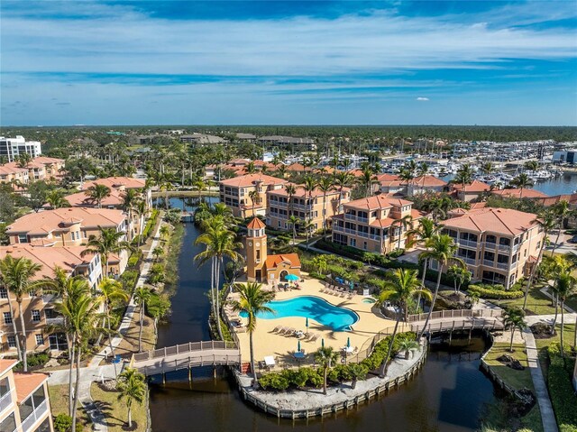 drone / aerial view featuring a water view