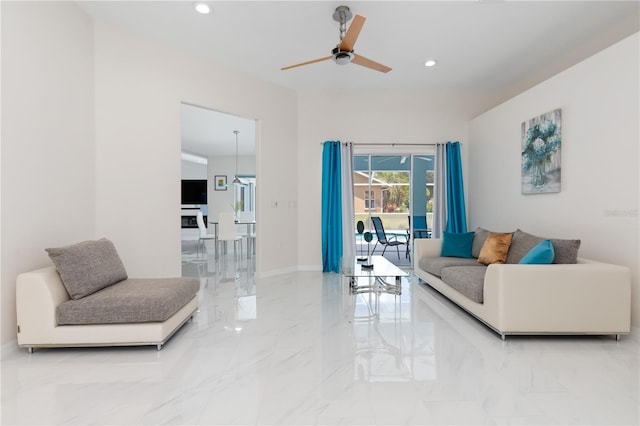 living room featuring marble finish floor, baseboards, a ceiling fan, and recessed lighting