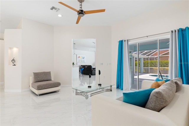 living area featuring recessed lighting, visible vents, a ceiling fan, a sunroom, and marble finish floor