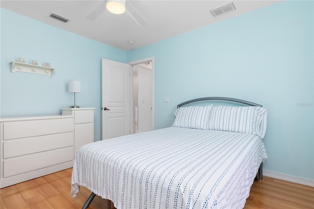 bedroom with visible vents, ceiling fan, and light wood finished floors