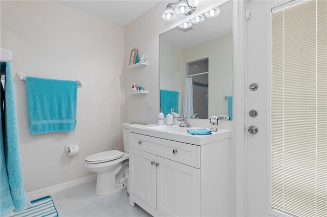 bathroom with a closet, a shower with shower curtain, toilet, vanity, and baseboards