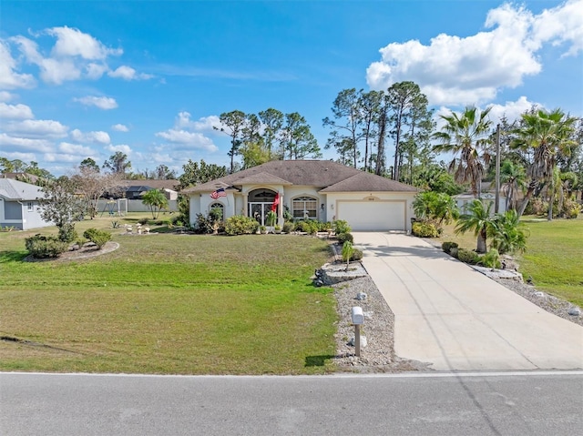 single story home featuring driveway, a garage, a front lawn, and stucco siding