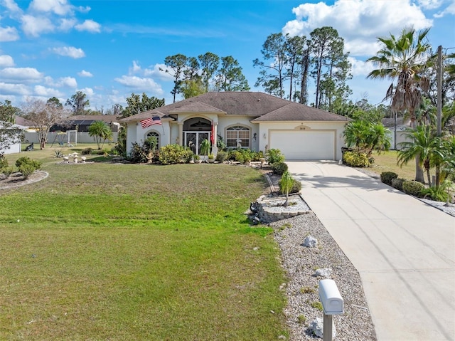 view of front of property with an attached garage, concrete driveway, a front yard, and stucco siding