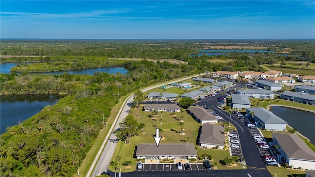 drone / aerial view featuring a residential view, a water view, and a wooded view