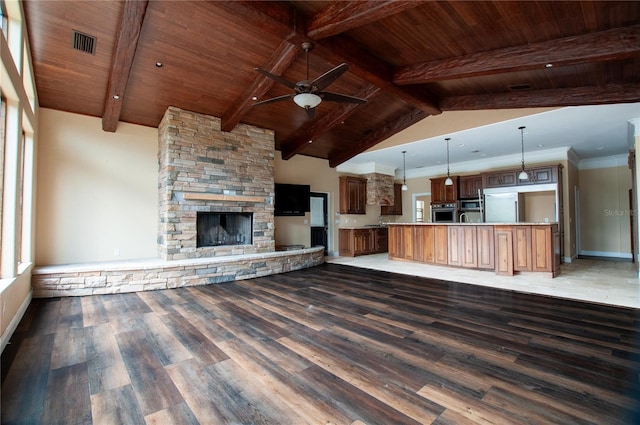 unfurnished living room featuring ceiling fan, wooden ceiling, a fireplace, and dark wood finished floors