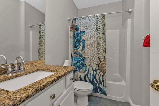 bathroom with shower / bath combination with curtain, vanity, and toilet