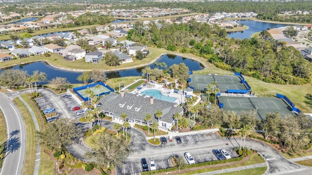 aerial view with a residential view and a water view