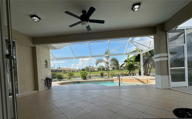 1859 Scarlett Ave, North Port, FL 34289 - outdoor pool with a patio, a ceiling fan, a water view, and glass enclosure