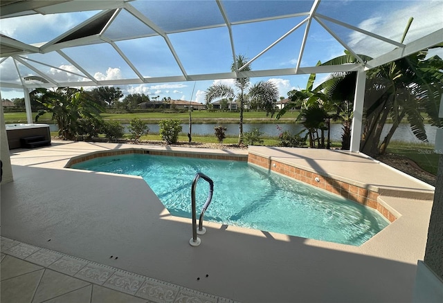 1859 Scarlett Ave, North Port, FL 34289 - outdoor pool featuring a water view, a jacuzzi, a patio, and glass enclosure