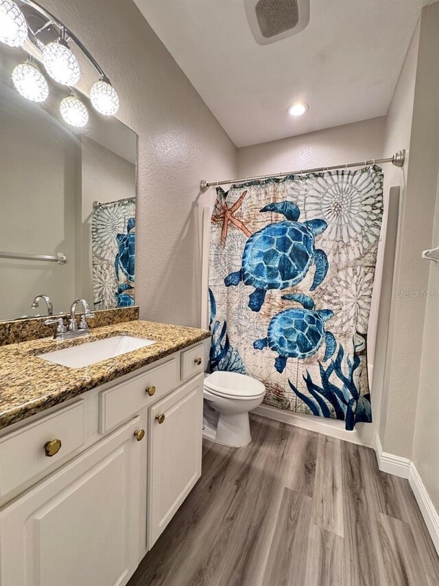 1859 Scarlett Ave, North Port, FL 34289 - bathroom with vanity, wood finished floors, curtained shower, and a textured wall