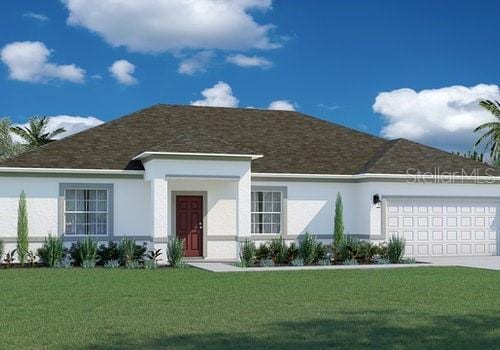 single story home with an attached garage, a front lawn, concrete driveway, and stucco siding