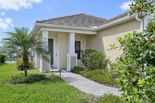 view of exterior entry with a yard, a tiled roof, and stucco siding