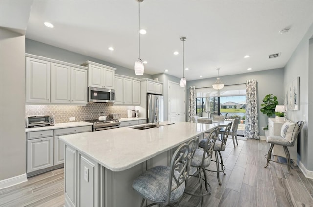 kitchen with a large island, stainless steel appliances, tasteful backsplash, light countertops, and visible vents