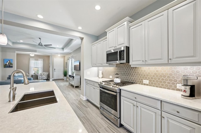 kitchen featuring a tray ceiling, wood finish floors, light countertops, appliances with stainless steel finishes, and a sink