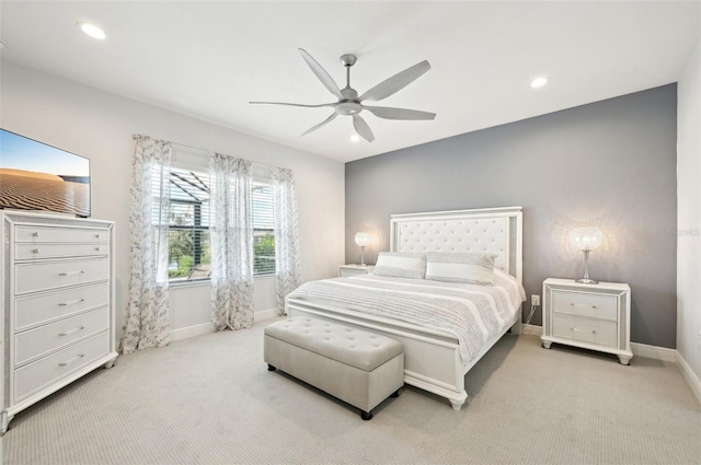 carpeted bedroom with ceiling fan, baseboards, and recessed lighting